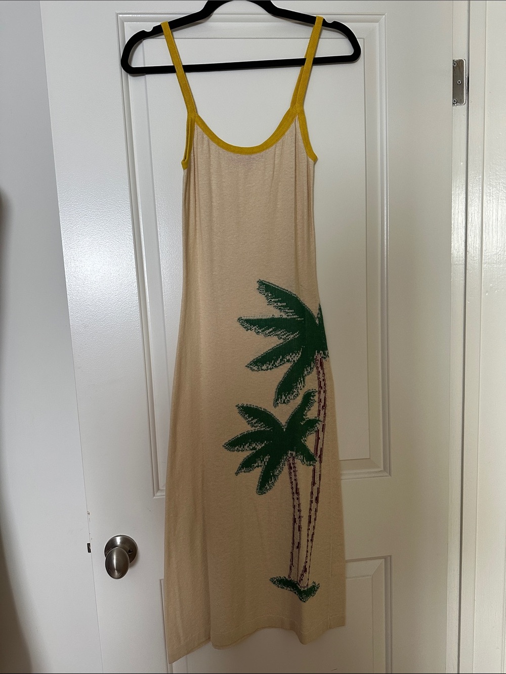 The Elder Statesman Beige Slip Midi Dress with Green Palm Motif and Mustard Trim